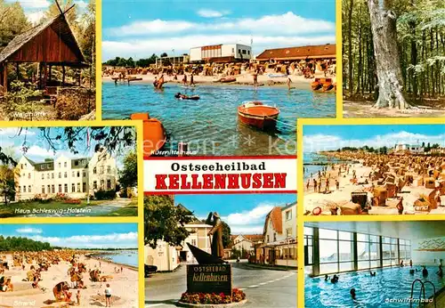 AK / Ansichtskarte Kellenhusen_Ostseebad Waldhuette Haus Schleswig Holstein Kurmittelhaus Strandpartien Fischerskulptur Schwimmbad Kellenhusen_Ostseebad