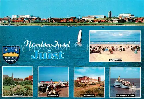 AK / Ansichtskarte Juist_Nordseebad Panorama Janusplatz Promenade Kurzentrum MS Wappen von Juist Burgenstrand Juist_Nordseebad