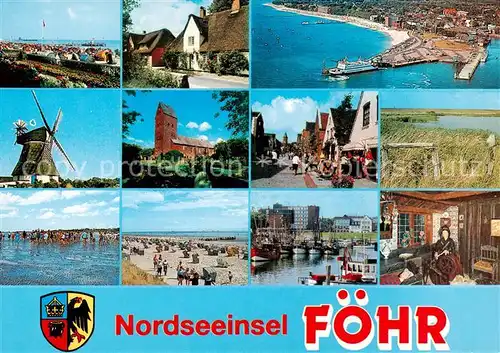 AK / Ansichtskarte Insel_Foehr Strand Strassenpartien Kirche Fliegeraufnahme Wattwanderer Fischerhafen Insel_Foehr