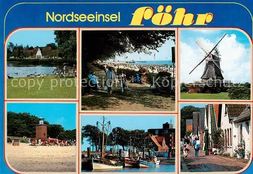 AK / Ansichtskarte Insel_Foehr Liegewiese Strandpartien Windmuehle Fischerhafen Dorfstrasse Insel_Foehr