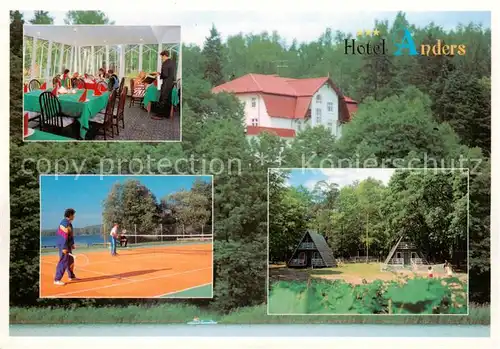 AK / Ansichtskarte Ostrody_Olsztyn_Allenstein_PL Hotel Anders Gastraum Tennisplatz Bungalows 