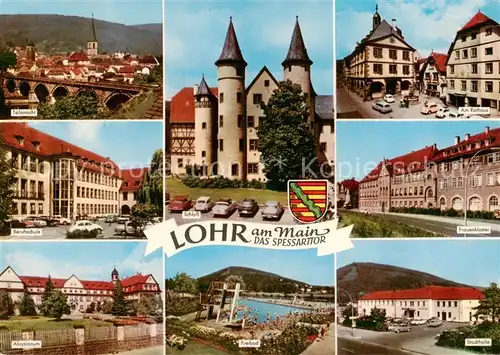 AK / Ansichtskarte Lohr_Main Teilansicht Berufsschule Schloss Rathaus Frauenkloster Freibad Stadthalle Lohr_Main