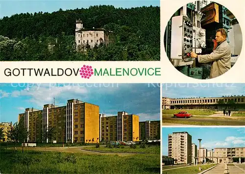 AK / Ansichtskarte Gottwaldov_Zlin_CZ Hrad Predvadeni frezky v zavode ZPS Bloky obytnych domu noveho sidliste Restaurace a kavarna Vezove domy 