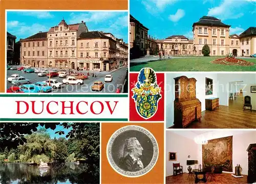 AK / Ansichtskarte Duchcov_Dux_CZ Namesti 1 maje Jezirka zamerkeho parku Zamek Interiery zamku G Casanova 