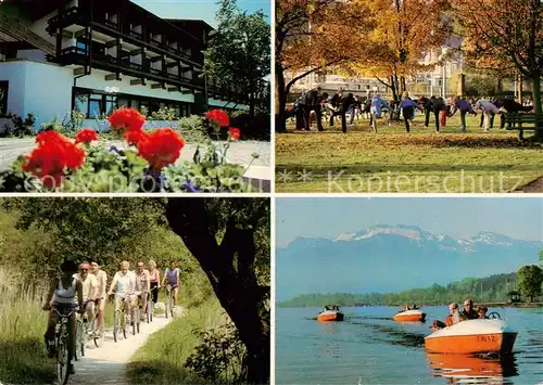 AK / Ansichtskarte Prien_Chiemsee Klinik St Irmingard Radfahrer Gymnastik Bootspartie Prien Chiemsee