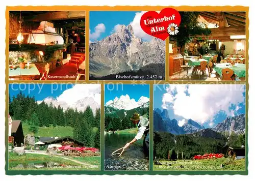 AK / Ansichtskarte 73837037 Filzmoos_AT Unterhof Alm Berggasthof Blick gegen Torstein Almsee Bischofsmuetze Alpen 