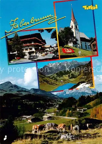 AK / Ansichtskarte 73837066 Fieberbrunn_Tirol Ortsmotiv mit Kirche Landschaftspanorama Alpen Bergsee Fieberbrunn Tirol