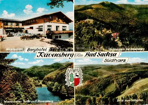 AK / Ansichtskarte  Bad_Sachsa_Harz Berghotel Ravensberg Hausansicht Katzenstein Wiesenbeker Teich mit Ravensberg Blick zum Stoeberhai Bad_Sachsa_Harz