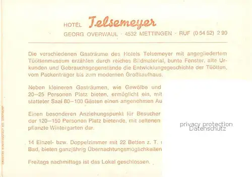 AK / Ansichtskarte  Mettingen_Westfalen Hotel Telsemeyer Restaurant Mettingen_Westfalen