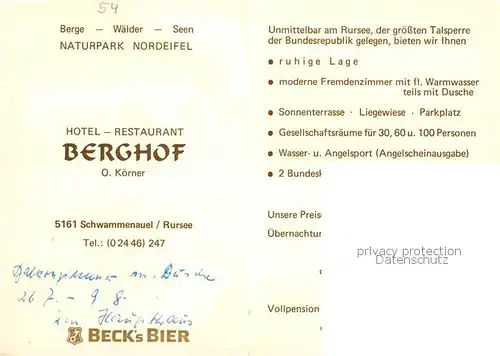 AK / Ansichtskarte 73837308 Schwammenauel_Heimbach Hotel Restaurant Berghof Rursee Kegelbahn Gaststube 