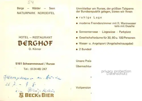 AK / Ansichtskarte  Schwammenauel_Heimbach Hotel Restaurant Berghof Rursee Kegelbahn Gaststube 