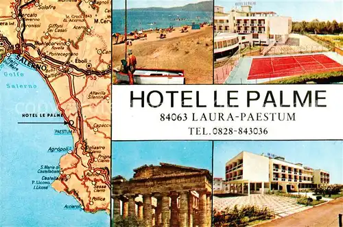 AK / Ansichtskarte 73837417 Laura_Paestum_Pestum_Capaccio_IT Hotel Le Palme Strand Tennisplatz Tempel Gebietskarte 