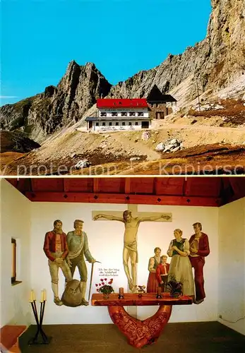 AK / Ansichtskarte Tiers_Tires_Rosengarten_Trento_IT Schutzhaus Tierserl Alpl mit Kapelle Altar und Wandbild 