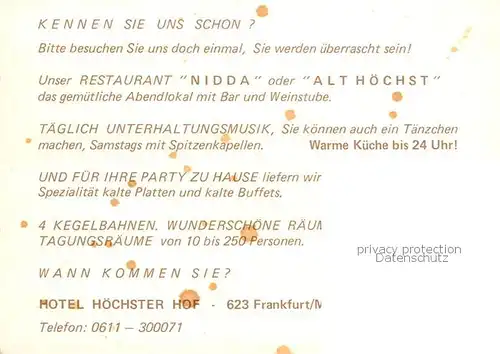 AK / Ansichtskarte Frankfurt_Main Hotel Hoechster Hof Gastraeume Rezeption Bar Kegelbahn Frankfurt Main