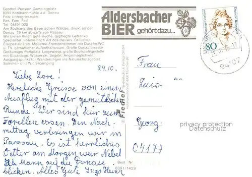 AK / Ansichtskarte Untergriesbach_Niederbayern Gasthof Pension Campingplatz Kohlbachmuehle Donaupartien Gaststube Untergriesbach