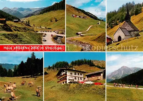 AK / Ansichtskarte Rojental_Reschen_See_Tirol Haus Rojen Panorama Kapelle Pferdeweide Wanderer 