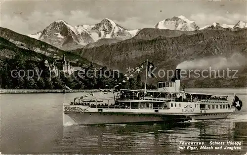 AK / Ansichtskarte  Dampfer_Seitenrad Thunersee Schloss Huenegg mit Eiger  