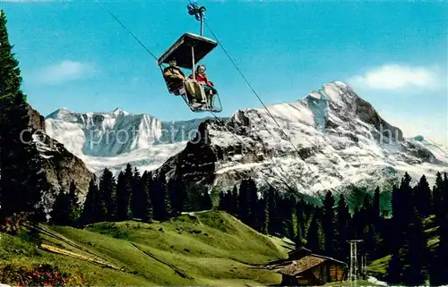 AK / Ansichtskarte 73837962 Sessellift_Chairlift_Telesiege Grindelwald Firstbahn mit Eiger und Fiescherwand 