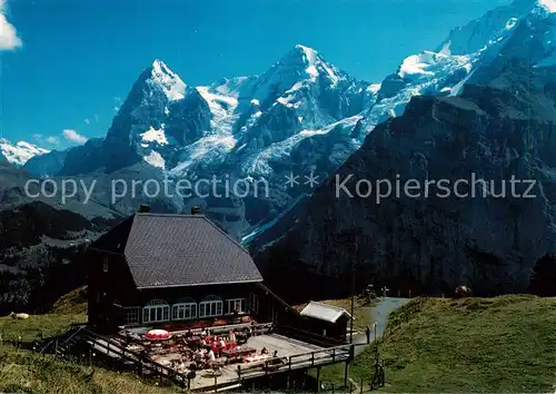 AK / Ansichtskarte  Muerren_BE Berggasthof Allmendhubel Bergstation mit Eiger und Moench Berner Alpen Muerren_BE