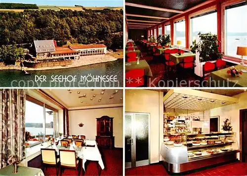 AK / Ansichtskarte  Guenne_Moehnesee Restaurant Cafe Der Seehof Fliegeraufnahme Gastraeume Kuchentheke Guenne Moehnesee