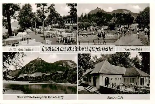 AK / Ansichtskarte Grafenwerth Insel Gaststaette Thermalbad Blick auf Drachenfels und Wolkenburg Rhein Cafe Grafenwerth