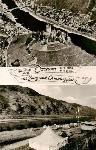 AK / Ansichtskarte Cochem_Kochem_Mosel Fliegeraufnahme mit Burg und Campingplatz