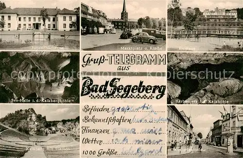 AK / Ansichtskarte  Bad_Segeberg Jugendherberge Marktplatz Kirche Kurhaus See Halle Kalkberghoehle Barbarosse Kalkhoehle Kalkberg mit Stadion Kurhausstrasse Bad_Segeberg