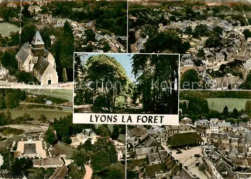 AK / Ansichtskarte Lyons la Foret En avion au dessus de la ville Piscine Place de la Halle Lyons la Foret