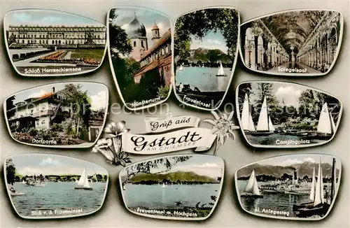 AK / Ansichtskarte Gstadt_Chiemsee Schloss Herrenchiemsee Muensterturm Fraueninsel Campingplatz Anleger Dorfpartie Gstadt_Chiemsee