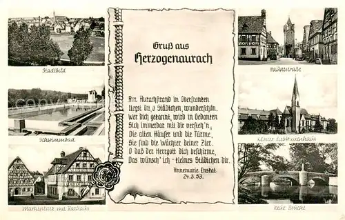 AK / Ansichtskarte Herzogenaurach Stadtbild Schwimmbad Marktplatz Rathaus Hauptstrasse Kloster Liebfrauenhaus Neue Bruecke Herzogenaurach
