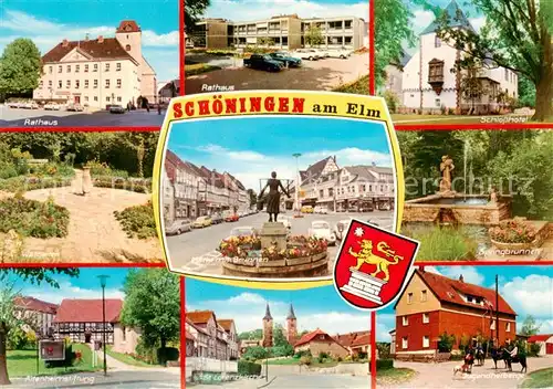 AK / Ansichtskarte Schoeningen Rathaus Schlosshotel Wallgarten Springbrunnen Altenheimstiftung Marktbrunnen St Lorenzkirche Jugendherberge Schoeningen