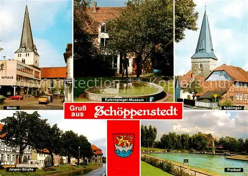 AK / Ansichtskarte Schoeppenstedt Markt Jasper Strasse Eulenspiegel Museum Kueblingen Freibad Schoeppenstedt