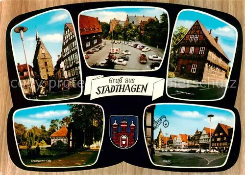 AK / Ansichtskarte Stadthagen Kirche Marktplatz Stadtgarten Cafe Heimatmuseum Marktplatz Stadthagen