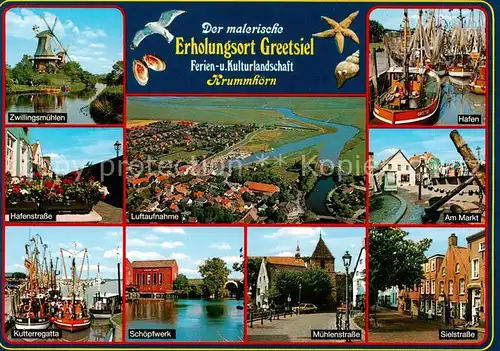 AK / Ansichtskarte Greetsiel Zwillingsmuehlen Hafenstrasse Fliegeraufnahme Kutter Schoepfwerk Muehlenstrasse Sielstrasse Hafen Am Markt Greetsiel