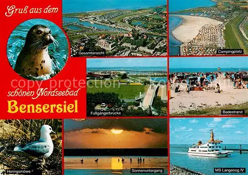 AK / Ansichtskarte Bensersiel Fliegeraufnahmen Campingplatz Fussgaengerbruecke Badestrand Heringsmoewe Sonnenuntergang MS Langeoog IV Bensersiel