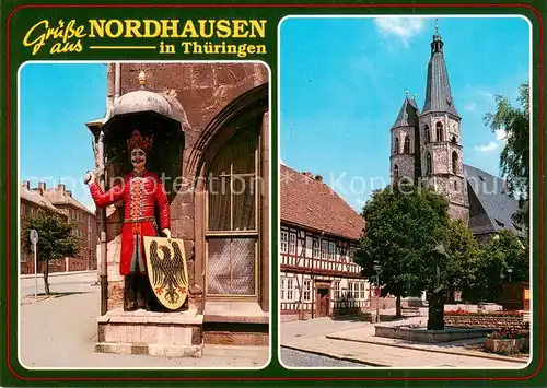 AK / Ansichtskarte Nordhausen__Harz Rolandfigur am Rathaus Fachwerkhaus mit Blasiikirche 