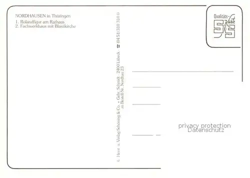 AK / Ansichtskarte Nordhausen__Harz Rolandfigur am Rathaus Fachwerkhaus mit Blasiikirche 