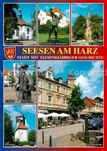 AK / Ansichtskarte Seesen_Harz St Andreaskirche Bronzeplastik im Schlosspark St Catharina Wilhelm Busch Skulptur Schulplatz Jacobsonstrasse Seesen Harz