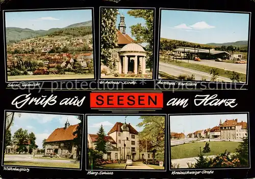 AK / Ansichtskarte Seesen_Harz Panorama St Andreas Kirche Autobahn Raststaette Wilhelmsplatz Burg Sehusa Braunschweiger Strasse Seesen Harz