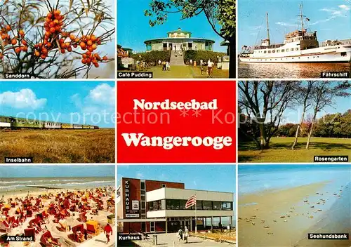 AK / Ansichtskarte  Wangeroog_Wangerooge_Nordseebad Sanddorn Cafe Pudding Faehrschiff Inselbahn Rosengarten Strand Kurhaus Seehundsbank 