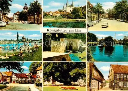 AK / Ansichtskarte  Koenigslutter_Elm Ortspartien Schwimmbad Kirche Park Fachwerkhaeuser Koenigslutter Elm