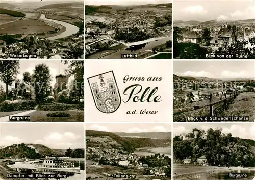 AK / Ansichtskarte  Polle_Oberweser Weserbogen Fliegeraufnahme Blick von der Ruine Burgruine Schwedenschanze Dampfer Teilansicht Polle_Oberweser