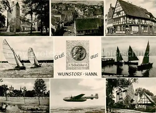 AK / Ansichtskarte 73839770 Wunstorf Stiftskirche Teilansicht Ratskeller Regatta Segeln auf dem Meer Abend am Steinhuder Meer Stifts und Stadtkirche Fliegerhorst Altes Rathaus Wunstorf