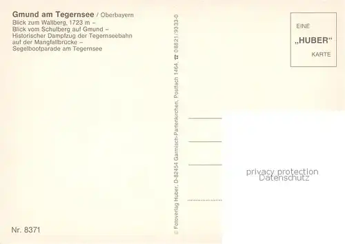 AK / Ansichtskarte Gmund_Tegernsee Panorama Blick zum Wallberg Historischer Dampfzug Tegernseebahn Mangfallbruecke Kirche Segeln Huber Karte Nr 8371 Gmund Tegernsee