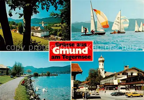 AK / Ansichtskarte Gmund_Tegernsee Panorama Blick zum Hirschberg Uferpromenade Segeln Ortsmotiv mit Kirche Gmund Tegernsee