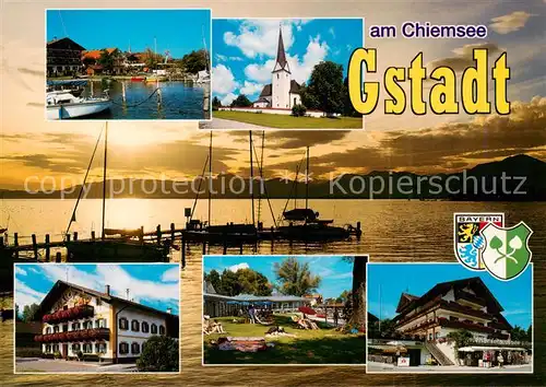 AK / Ansichtskarte Gstadt_Chiemsee Wassersport Bootshafen Kirche Hotels Liegewiese Abendstimmung am See Gstadt_Chiemsee