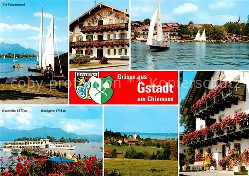 AK / Ansichtskarte Gstadt_Chiemsee Fraueninsel Hotel Segeln Dampferanleger Panorama Blumenschmuck Gstadt_Chiemsee