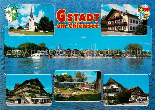 AK / Ansichtskarte Gstadt_Chiemsee Ansicht vom See aus Kirche Hotels Liegewiese Gstadt_Chiemsee