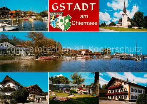 AK / Ansichtskarte Gstadt_Chiemsee Bootshafen Kirche Hotels Liegewiese Gstadt_Chiemsee