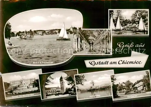 AK / Ansichtskarte Gstadt_Chiemsee Blick von der Fraueninsel Muensterturm Schloss Herrenchiemsee Spiegelsaal Campingplatz Anlegesteg Dorfpartie Gstadt_Chiemsee